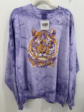 Purple Tie-Dye Sweatshirt with Bold Tiger Graphic LSU NWT 2X Comfort Colors